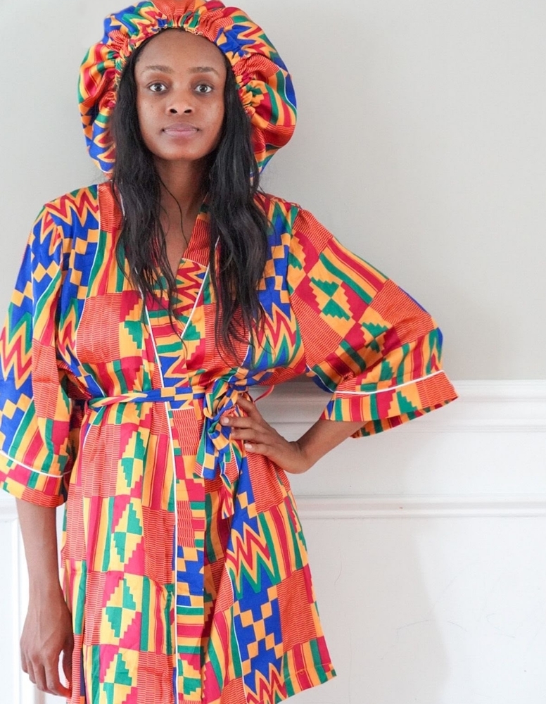 African print satin robe with a matching bonnet